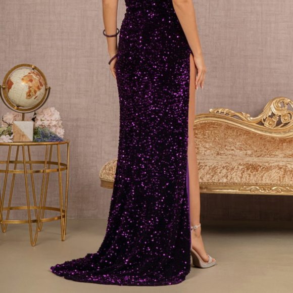 NEW LONG OFF THE SHOULDER SLEEVELESS EMBROIDERED SEQUIN DRESS WITH ZIP Gl3149 - Picture 9 of 11